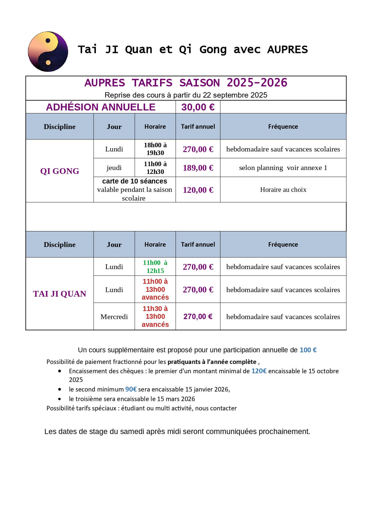 tarifs aupres cours tai ji qi gong 2025 2026